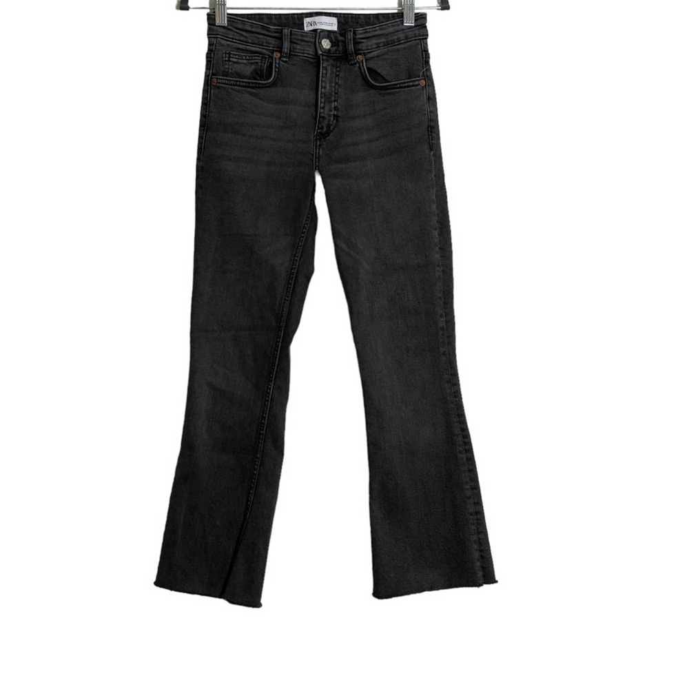 Zara Dark Wash Raw Hem Flare Leg Jeans 4